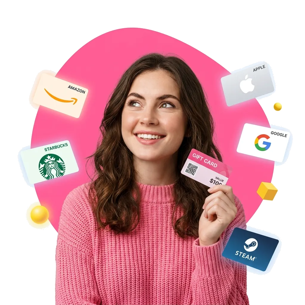 A smiling customer holding a gift card, surrounded by gift cards from popular brands
